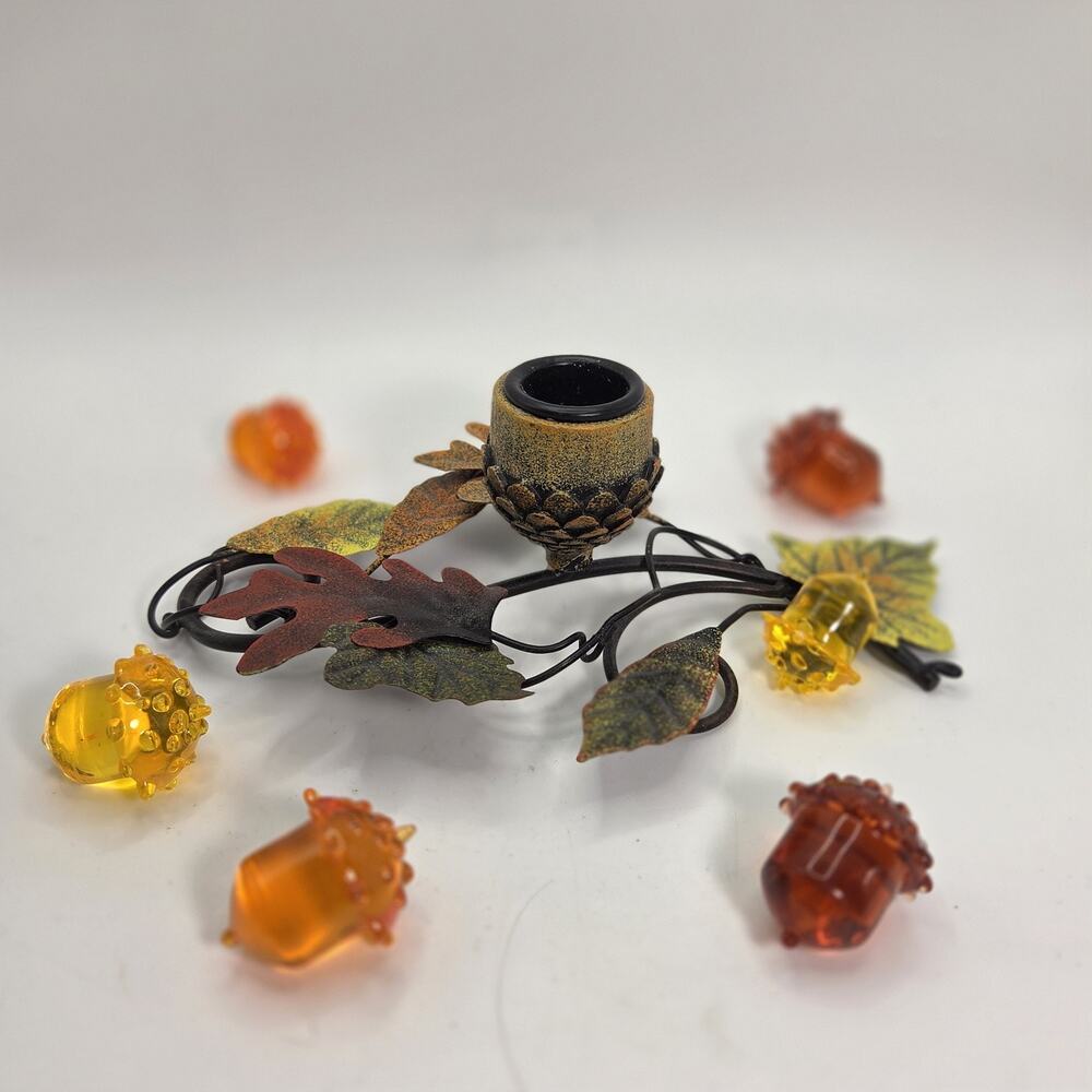 Candle Holder Autumn Leaves Leaf Oak Thanksgiving Decor w/ Acrylic Acorns